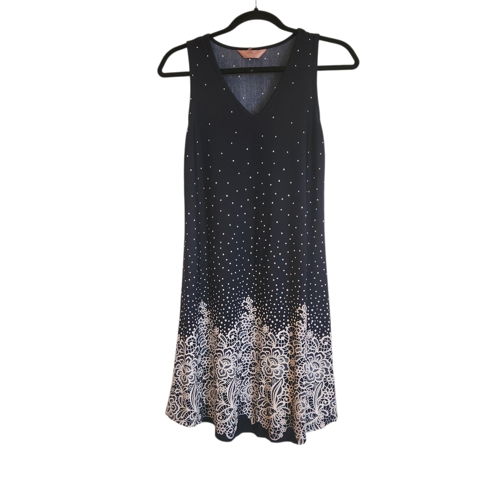 SJS Sleeveless Navy/White Polka Dot Embroidered Dress Size SP Lightweight Flowy